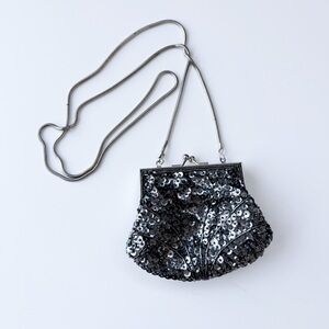Accessory Lady Vintage Beaded Sequin Change Purse Kiss Clasp Chain Strap